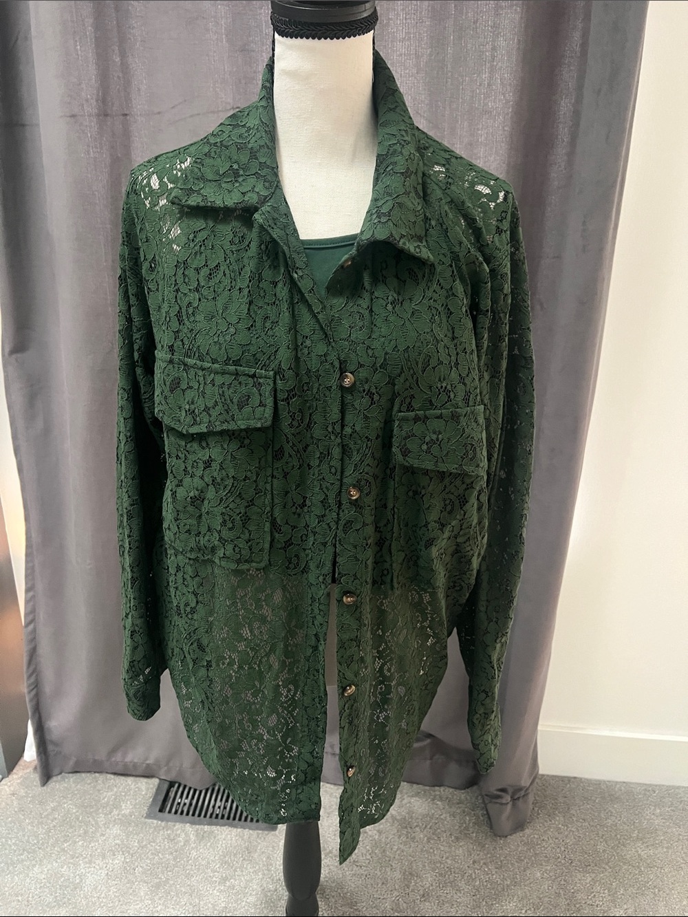 Vici Forest Green Lace Button-Up Shirt Jacket